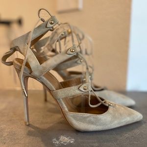 Aquazurra Firenze Grey Suede Cage Lace-Up Pumps